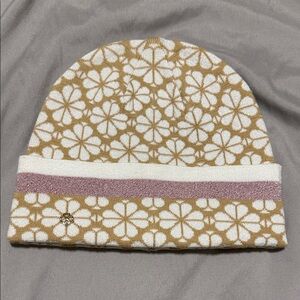 Kate Spade Tan and White Floral Beanie with Pink Accent